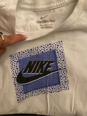 Kids Nike White Tee Size M with Black Swoosh and Blue Dot Squares!